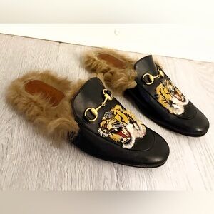 Gucci Princetown Slipper Black Fur-Lined Loafers with Tiger Embroidery sz 9.5